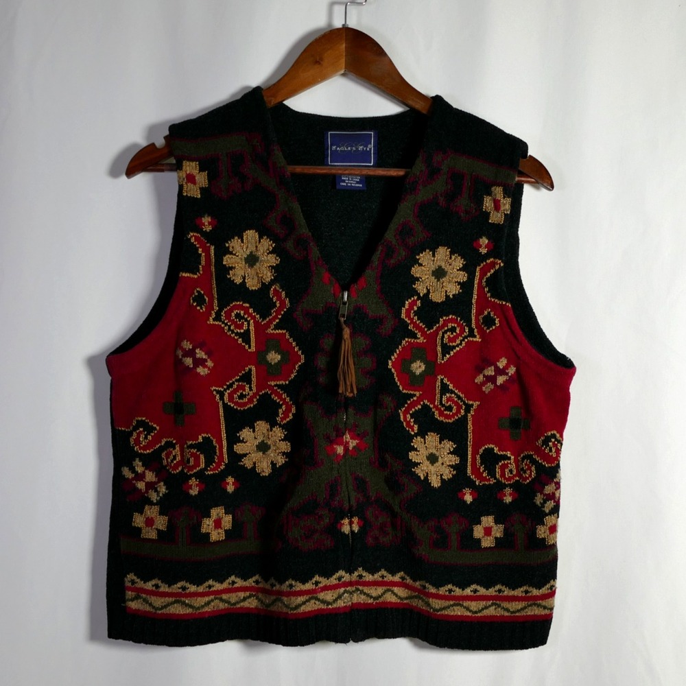 Eagles Eye Womens Boho Embroidered Folk Sweater Vest Size L Art to Wear Western